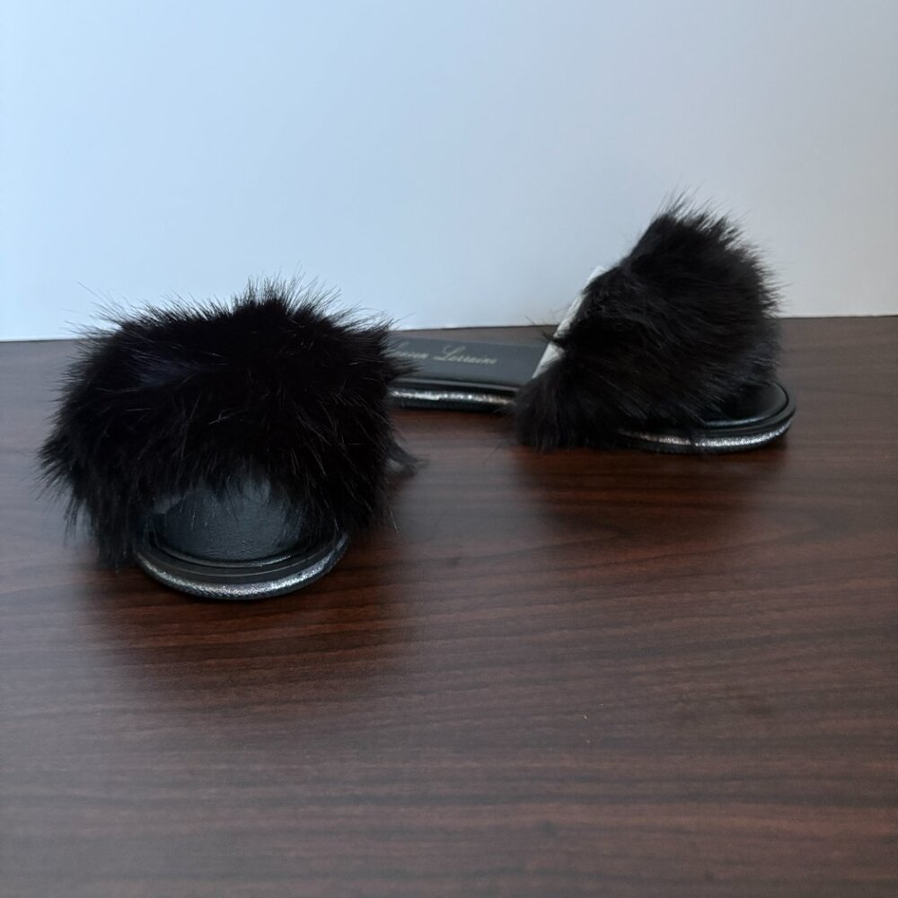 Lauren Lorraine Fluffy Black Faux Fur Flat Sandal Slippers Boudoir Glamour 6